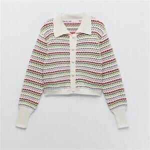 ZARA Chunky Knit Multicolor Rainbow Stripe Knit Cardigan Sweater Size L